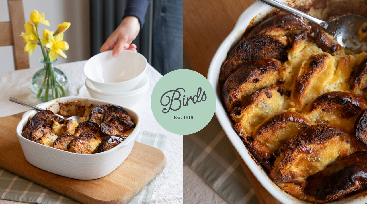 Hot cross bun bread and butter pudding