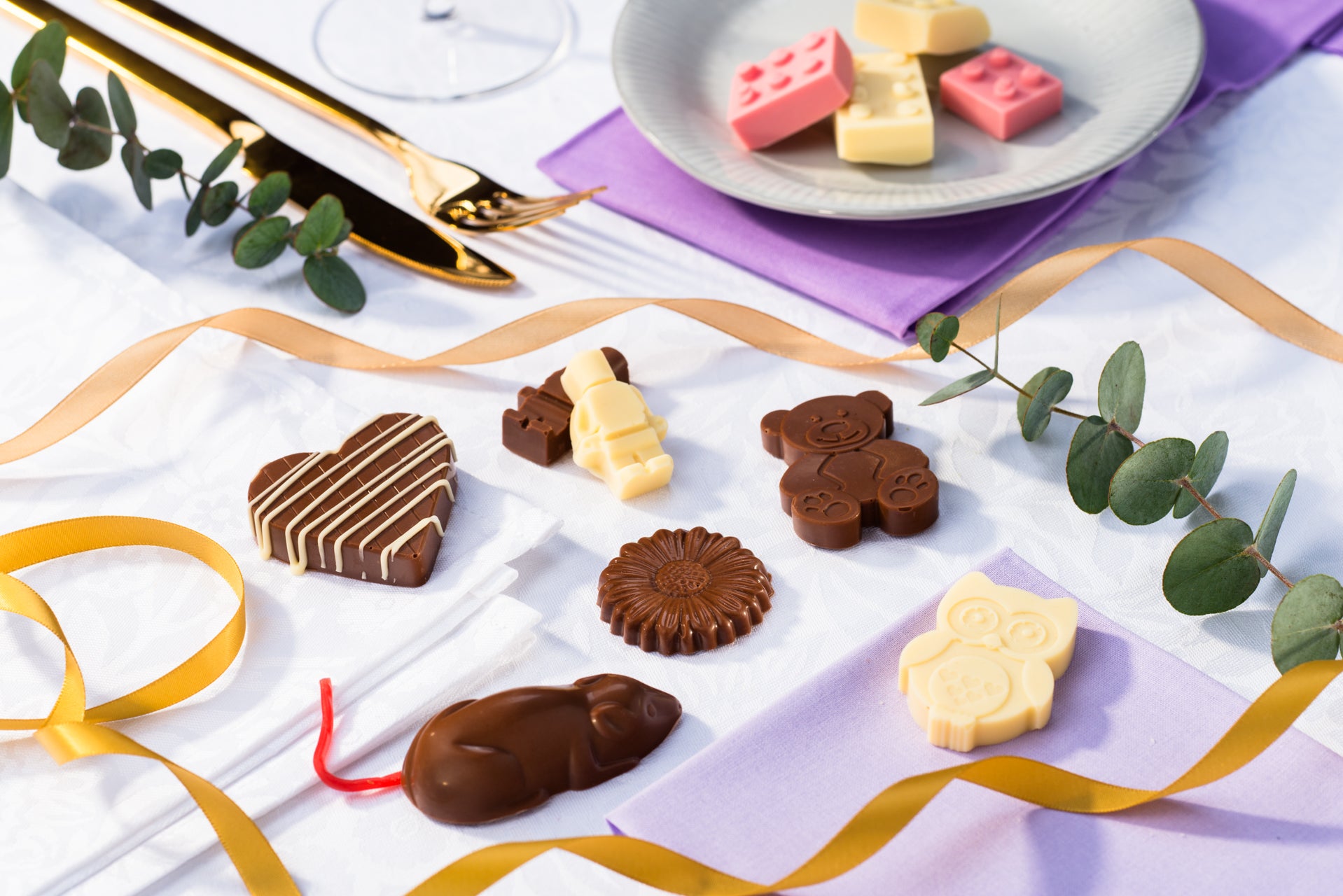 Selection of chocolate mice, chocolate bears and chocolate hearts
