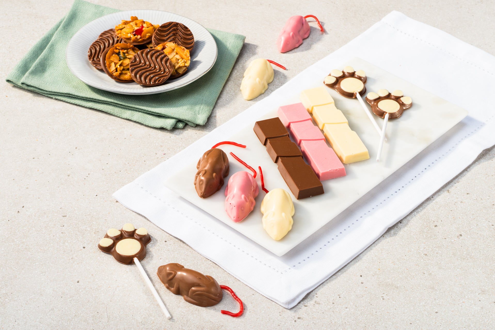 A selction of family favourites: including chocolate mice, chocolate lollypops and florentines